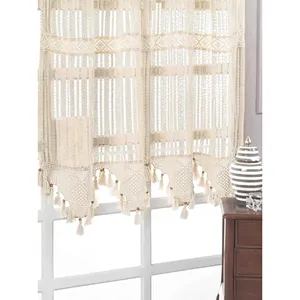 Cortinas Elegantes de Tul con Borde de Encaje Ancho y Borlas, Multitamaño, Unicolor, para Decoración del Hogar - Product Image 1