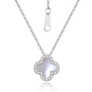 Kalung liontin tulang kerah perak 925, mewah 4 daun pesona kalung tatahan ibu dari mutiara untuk pesta ulang tahun pertunangan pernikahan - Product Image 1