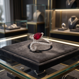 Bague spirale ouverte de luxe avec pierre précieuse rouge taille poire et accents de diamants sertis griffe pour femme en or 10K 14K 18K et argent 925 935 - Product Image 1