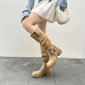 Knee High Western Boots Ruched Shaft Double Buckle Straps <b>Block</b> Heel Suede Casual Footwear For Women Streetwear - Product Image 1