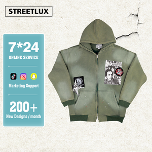 Streetlux Sudadera con capucha personalizada con diamantes de imitación para hombre Heavyweight 500GSM Acid Wash Distressed Oversized Vintage Design - Product Image 1