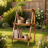 Support à plantes en bois d'acacia à 3 niveaux, étagère de présentation, support à fleurs moderne minimaliste pliable, finition huile de teck pour l'intérieur
