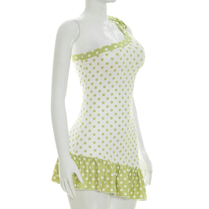 Viviblook J26DS154 Women Summer Sleeveless Dress Sexy Polka Dot <b>Print</b> Single Shoulder Lace Up Asymmetrical <b>Mini</b> Bodycon Dresses - Product Image 3