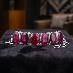 Bracelet ethnique en argent plaqué avec pierres précieuses simulées Kashmir Ruby et perles d'eau douce, 7-8 - Product Image 2