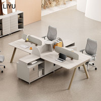 Escritorio Modular LIYU para 4 Personas con Separación Curva, Almacenamiento Central, Superficie de Madera y Pantalla de Tela