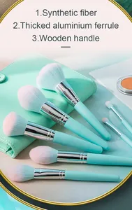 ZY119 Kuas Makeup Berukir Bebas Kejahatan Vegan 11 Buah Set Kuas Makeup Biru Sikat Makeup Rambut Sintetis dengan Tas PU