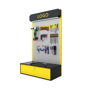 Direct Sell Custom Logo Metalen Pegboard Design Zwarte Vloer Stand Naam Merk Tools Display Rack Met Slot Sleutel