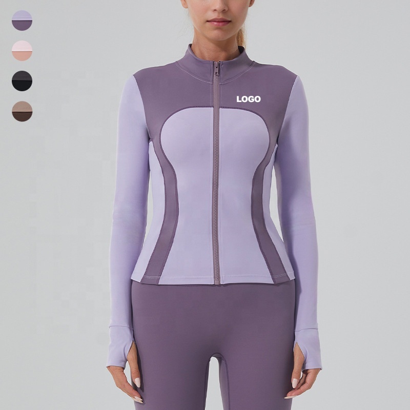 Women's Color Blocking Stand Collar Yoga Jacket Full Zip up Cropped Top Long Sleeve Slim Fit Workout Shirts With Thumb Holes