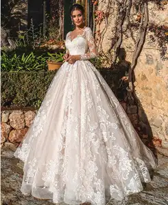 Vestido de noiva, chiffon tecido de chiffon vestido de casamento de mangas compridas flor bordado vestido de noiva para baile