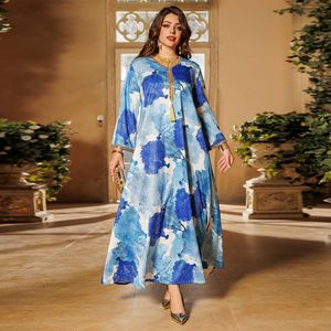 Ab384 <span class=keywords><strong>Djellaba</strong></span> Vêtements grande taille pour femmes Perçage à chaud musulman Robe en <span class=keywords><strong>satin</strong></span> imprimée à la mode - Product Image 2