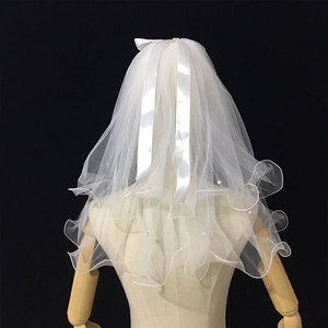 Voile de mariée élégant en perles blanches, court, multi-couches, en tulle avec nœud en satin pour cérémonie de <span class=keywords><strong>mariage</strong></span>, voile de mariée court - Product Image 1