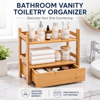 Organisateur de maquillage double niveau en bambou naturel personnalisé pour la maison, le bureau ou l'école, support de rangement de bureau, étagère de présentation