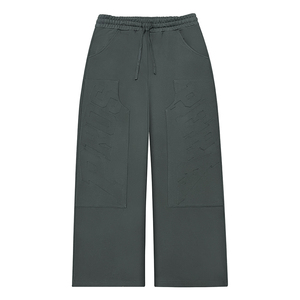 High Quality Dark Grey Embossed Letter Patchwork Wide Leg Sweatpants <b>Elastic</b> <b>Waist</b> Drawstring Streetwear Knit <b>Trousers</b> for Men - Product Image 1