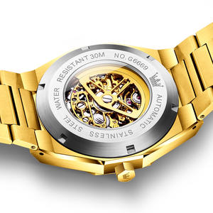 Montre-bracelet mécanique automatique de luxe pour hommes lunette vis or squelette conception étanche en acier inoxydable bande verre cadran fenêtre - Product Image 5