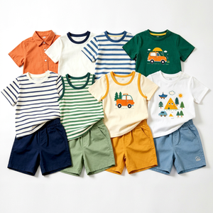 Conjuntos de Camisetas de Algodón para Niños con Pantalones Cortos, Estampado de Dibujos Animados a Rayas, Ropa de Verano para Niños y Niñas, Colores Variados CN 2026.5 - Product Image 1