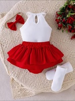 Nouvel ensemble d'été pour bébé fille : haut sans manches à col licou motif fraise + jupe tutu plissée avec nœud + bandeau + chaussettes