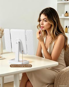 Double Door <b>LED</b> <b>Makeup</b> <b>Mirror</b> Tri Fold Vanity <b>Mirror</b> <b>with</b> 3 Color <b>Lights</b> Adjustable Height Storage Base - Product Image 5