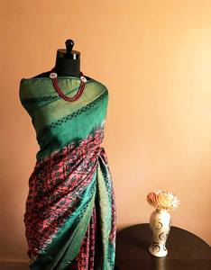 Best Quality Munga Silk Saree Hand <b>Block</b> <b>Printed</b> Pink and Green Pure Loomed for Party Wear on Sale for Women - Product Image 2