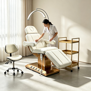 Fauteuil de beauté électrique avec base dorée, 3 moteurs, lit de soin cosmétique réglable, fauteuil de tatouage facial pour salon, clinique, spa - Product Image 1