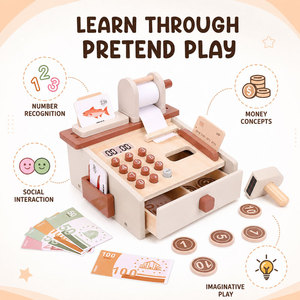 Wooden Shop <strong>Till</strong> Toy with Scanner Play Money Cash Drawer and Shopping Cards - Product Image 3