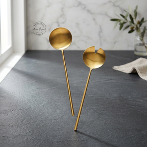 Stylish Brass Salad <b>Spoon</b> and Fork Set with Decorative Handles Ideal for <b>Serving</b> Elegant Dining and Kitchen Display - Product Image 1
