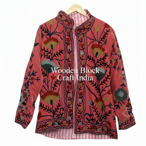 Chaqueta Corta de Invierno Suzani Vintage de Terciopelo Hecha a Mano, Chaqueta Bomber Boho Bordada con Flores, Ropa de Abrigo de Invierno Resistente al Viento - Product Image 1