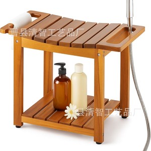 Qingzhi Solid Wood Bathroom Stool With <b>Storage</b> Shelf For Shower <b>Bathing</b> Seat - Product Image 1