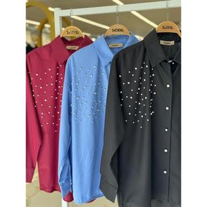 Camisa Sobe de Popelina para Mujer, Azul con Adornos de Cristal, Cierre de Botones, para Uso Diario - Product Image 1