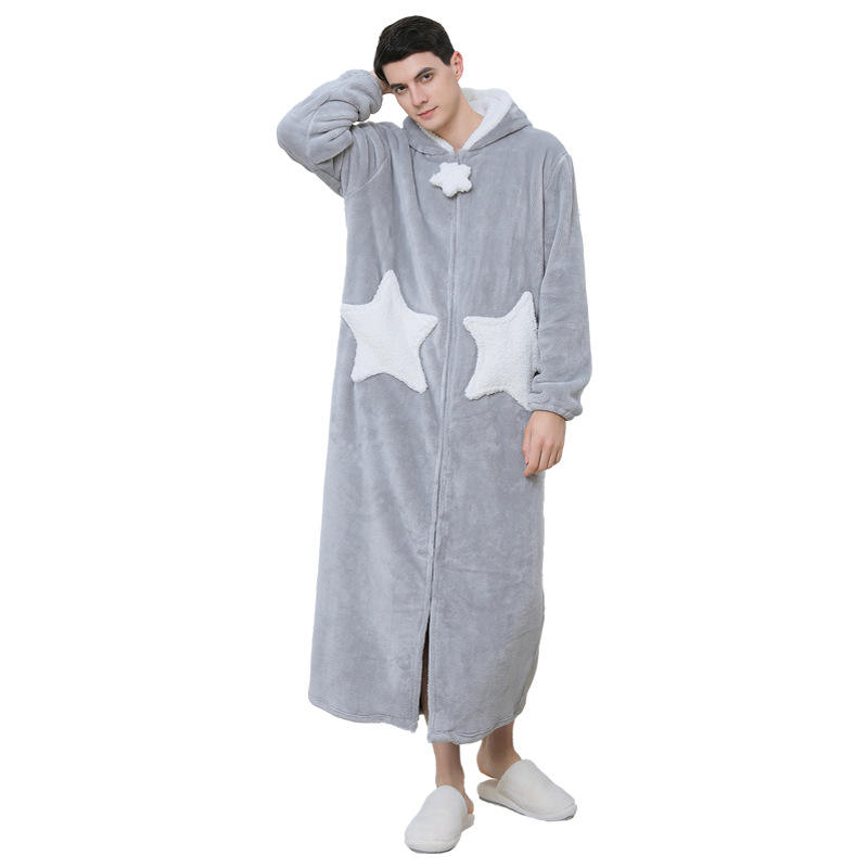 Nightgown Men Autumn/winter Long Thick Coral Fleece Bathrobe Couple Flannel  Nightgown Star Zipper Lazy Nightdress Sherpa