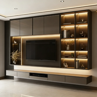 Meuble TV en bois bicolore intégré, à poser au sol, avec étagères ouvertes à LED, rangement supérieur, style ferme, pour salon ou hôtel