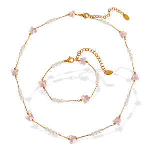 Conjunto de collar de perlas de mariposa con cadena de oro y piedra rosa para mujer, conjunto de joyería de moda para fiesta - Product Image 5
