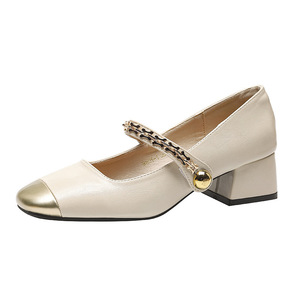 New Spring 2025 Women's <b>Shoes</b>: Color-blocked Square Toe <b>Chunky</b> Heel One-strap French-style Low-cut Leather <b>Shoes</b> - Product Image 3