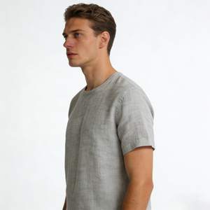 <span class=keywords><strong>T</strong></span>-shirt casual da uomo girocollo grigio chiaro in lino tinta unita, vestibilità comoda, traspirante, ecologica, leggera, per tutti i giorni - Product Image 2