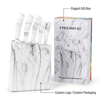 Ensemble de 6 couteaux de cuisine en acier inoxydable, bloc en marbre, manches en plastique, lame antiadhésive, design ambidextre, boîte cadeau durable