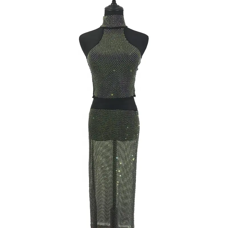 V015 New Rhinestone Club Wear Hollow Out Crystal Net Crystal Mesh Casual Dresses Women