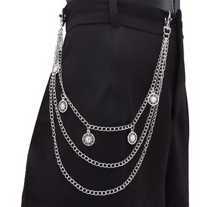 โซ่คล้องกางเกงโลหะหลายชั้นพร้อมจี้รูปพระอาทิตย์ โซ่คาดเอวสไตล์ฮิปฮอปสำหรับใส่ทุกวัน สีเงินทิเบต - Product Image 2