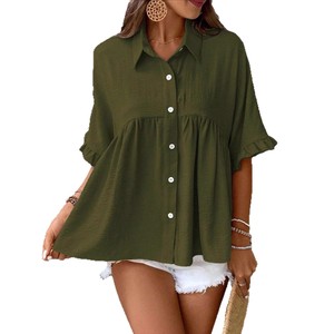 Chemise boutonnée en lin vert olive pour femme, manches courtes, col rabattu, coupe ample, haut décontracté, couleur unie, printemps-été - Product Image 1
