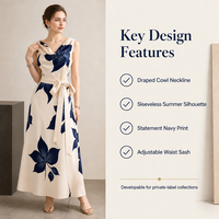 Robe sans manches personnalisée en crème avec imprimé floral marine |   Ceinture de taille |   Développement de vêtements en marque blanche OEM/ODM