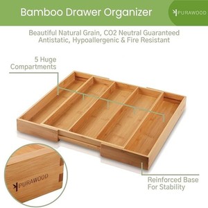 Purawood Bamboo Drawer Organizer 5 Compartment Expandable Kitchen <b>Storage</b> <b>Tray</b> Natural Wood Color - Product Image 1