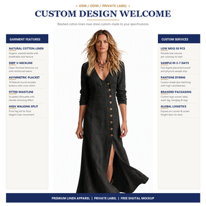 Custom V Neck <strong>Maxi</strong> <strong>Dress</strong> Manufacturer Long Sleeve Angled Placket Flared Swing Skirt Textured Front Slit for Women - Product Image 1