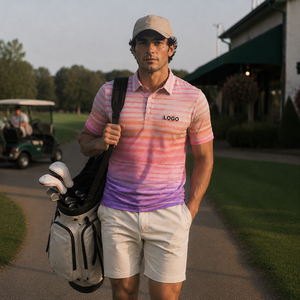 Custom Logo Gradient Golf <b>Polo</b> Shirts for Men Pink <b>Orange</b> Ombre Stripe Print Short Sleeve Private Label OEM ODM Manufacturer - Product Image 1