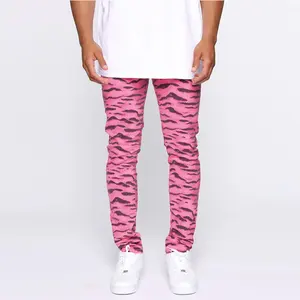 Roze Denim Dier Tijger Streep Print Skinny Fit Stretchy Jeans Casual Broek Heren