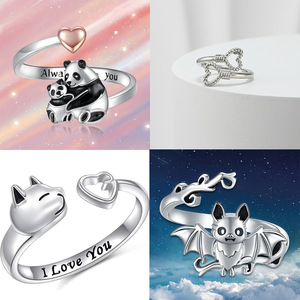 <b>Cartoon</b> Panda Bat Heart Open <b>Ring</b> Unisex Halloween Fashion Jewelry Silver Tone Adjustable Size For Women Men - Product Image 1