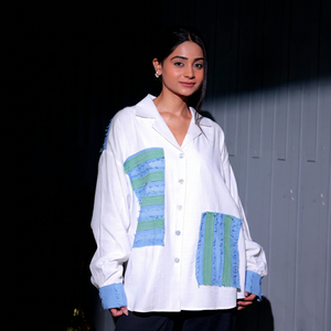 Womens Elegant Designer White Woven Cotton <b>Patchwork</b> <b>Shirt</b> with Blue Green Stripes Loose Fit Full Sleeve Button Casual XL - Product Image 1