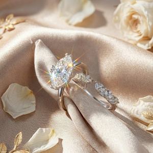 خواتم خطوبة ماركيز مفتوحة من الماس المويسانيت 3 قيراط VVS1 للنساء، طقم من قطعتين رائج على إنستغرام - Product Image 3