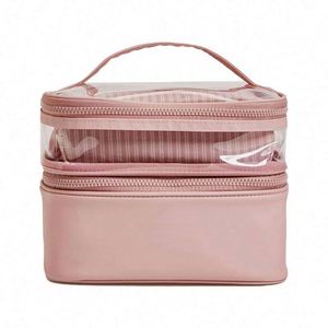 Sac de rangement de maquillage portable de voyage à grande capacité, double couche, transparent en PVC, sac de toilette pour femme, trousse de cosmétiques - Product Image 1
