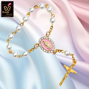 금도금 진주 비즈 로사리오 팔찌 (십자가와 성인 메달 포함) 우아한 종교적 장식 - Product Image 4