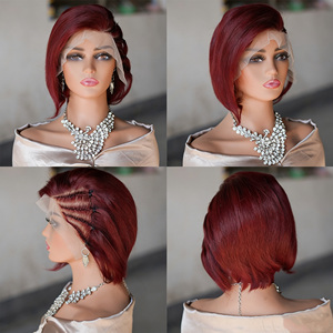Perruque frontale en dentelle 13x4, cheveux humains bruts avec cuticules intactes, frange tressée, perruque 99J pour femmes, perruque courte brésilienne en cheveux humains pour l'été - Product Image 6