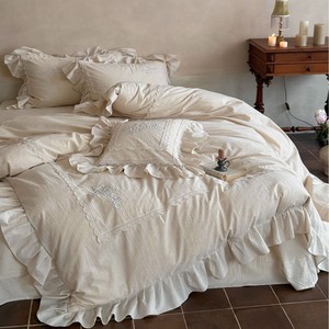 Juego de Funda de Edredón de Lino y Algodón de Cuatro Piezas Estilo Francés Miss <span class=keywords><strong>Fula</strong></span>, 200 Hilos, con Encaje, Plisado y Bordado, Juego de Funda de Edredón y Funda de Almohada, ODM/OEM - Product Image 1