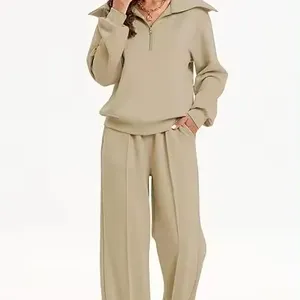 2 Piece Outfits Half Zip Sweatshirt Sweatsuit Lounge Sets For Women Matching Set Wide Leg Pant Tracksuit